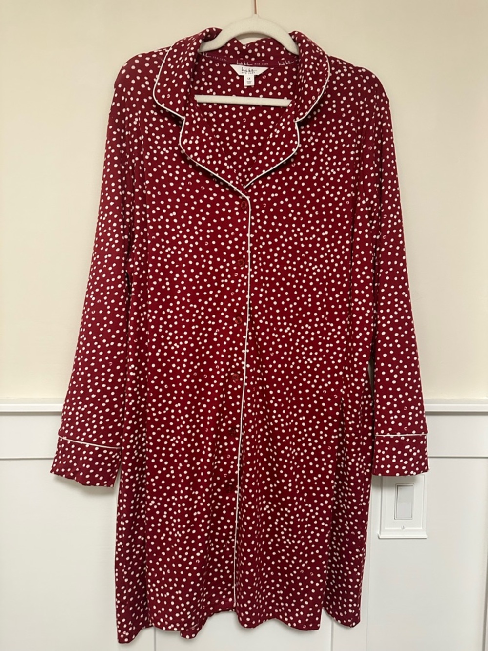 Women's Red Polka Dot Long-Sleeve Pajama Nightshirt - White Trim (very soft!)